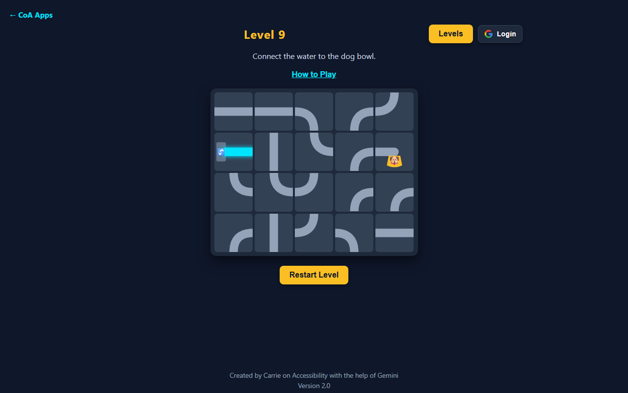 Pipe Game Level 9 with a 5 by 4 grid of pipe tiles, water flowing from the faucet into just the first tile, and the rest of the pipes still needing to be rotated to reach the dog bowl.