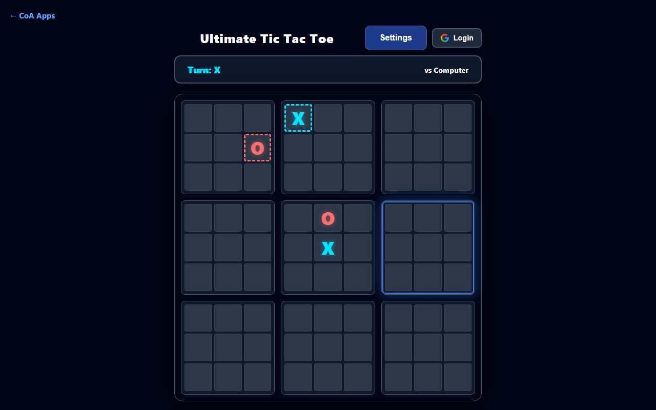 Ultimate Tic Tac Toe mid-game against the computer, with X and O marks placed in several mini-boards and the center-left mini-board highlighted as the active board for the next move.